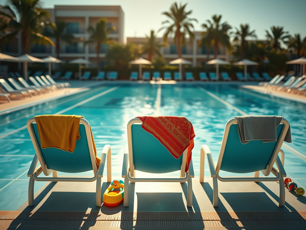Three pool chairs with towels draped over them, beside a swimming pool surrounded by palm trees, on a sunny day.