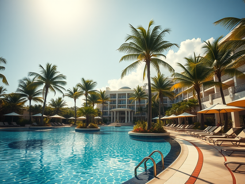 A serene pool area at a resort featuring palm trees, comfortable lounge chairs, and a clear blue sky.